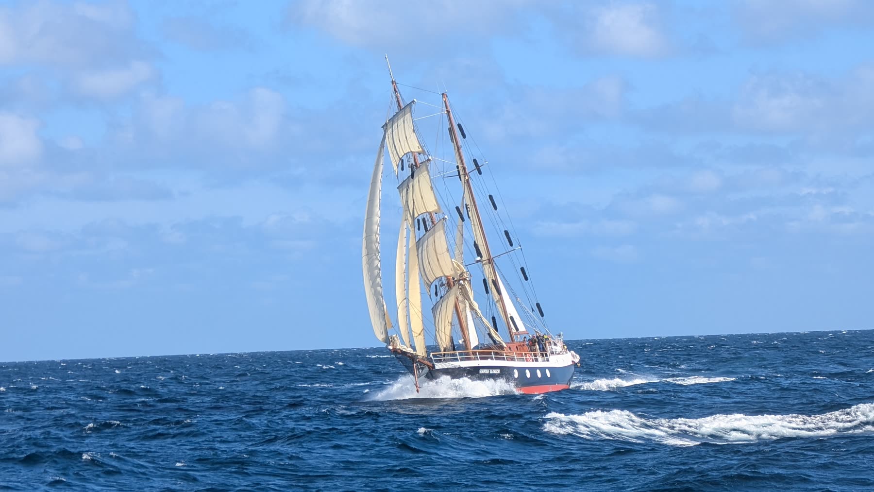 STS Kapitan Głowacki under sail in open water with whitecaps