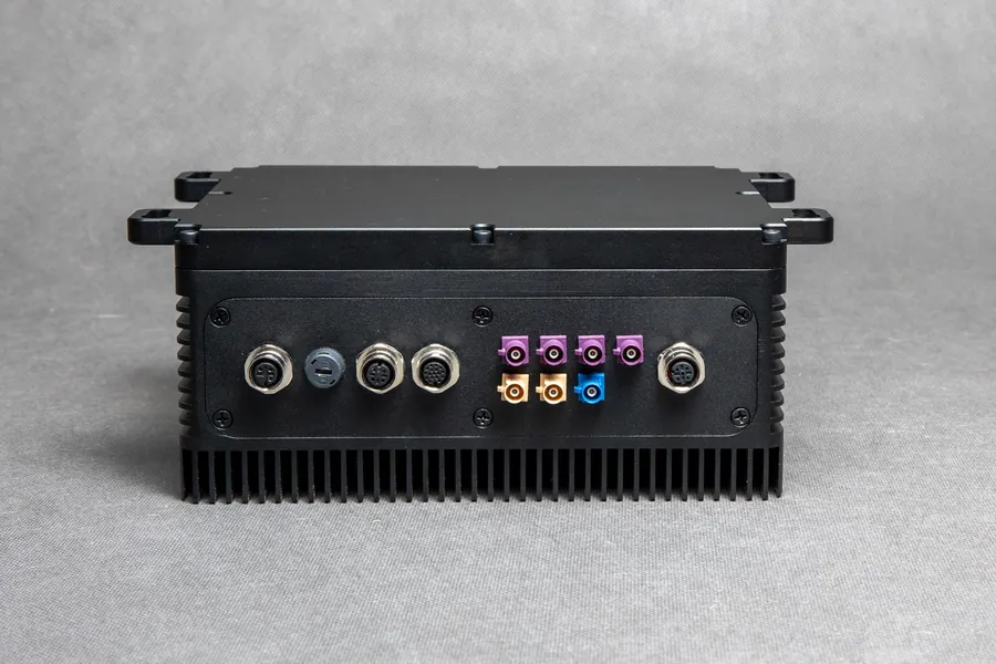 GSE-3 enclosure, connector side: M12 and FAKRA connectors on an anodised panel