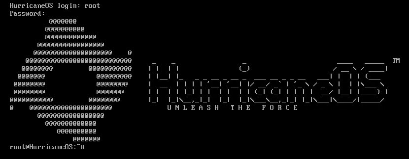 HurricaneOS console at the login prompt after a complete boot